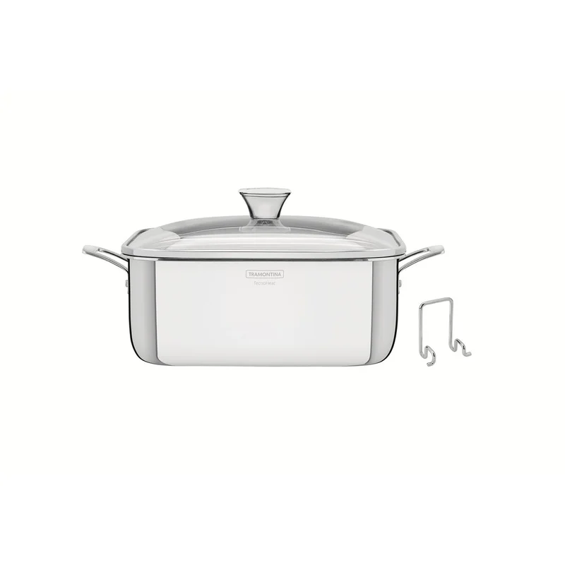 ترامونتينا Tramontina Grano 7.3 L stainless steel square casserole dish with tri-ply body, handles and glass lid